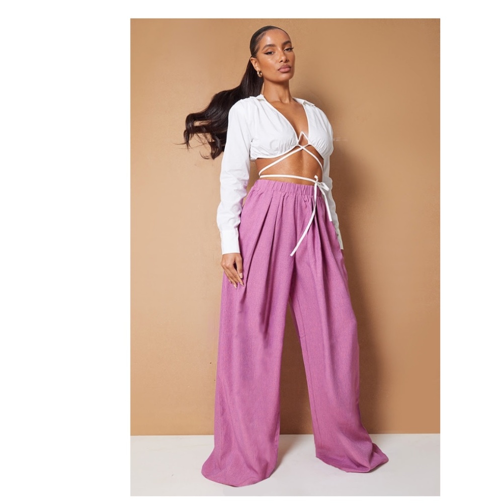 NWT - PrettyLittleThing Pink Linen Detail Wide Leg Pants - Size USA 8